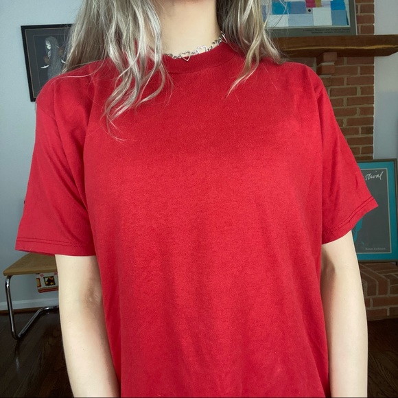 Vintage Tops - Vintage 90s Jerzees Solid Blank USA Made Plain Cherry Red Tee